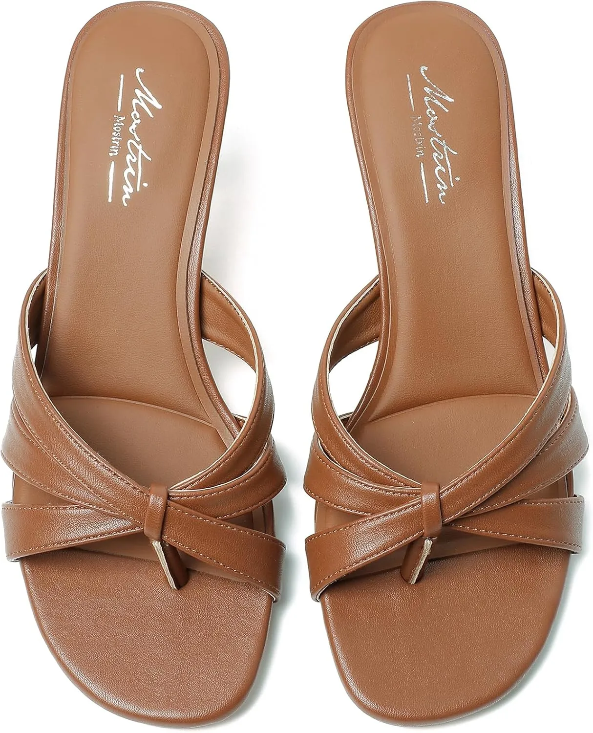 Mostrin Strappy Kitten Heels for Women Round Open Toe Flip Flops Slip On Mules Heels Fashion Thong Heeled Sandals for Party Wedding Holiday