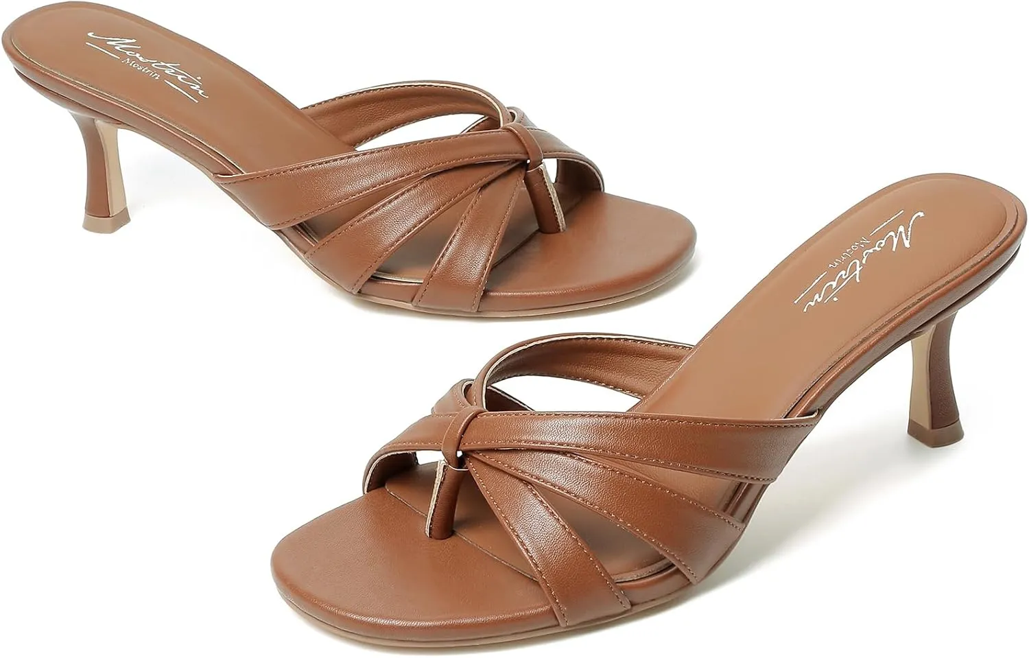 Mostrin Strappy Kitten Heels for Women Round Open Toe Flip Flops Slip On Mules Heels Fashion Thong Heeled Sandals for Party Wedding Holiday