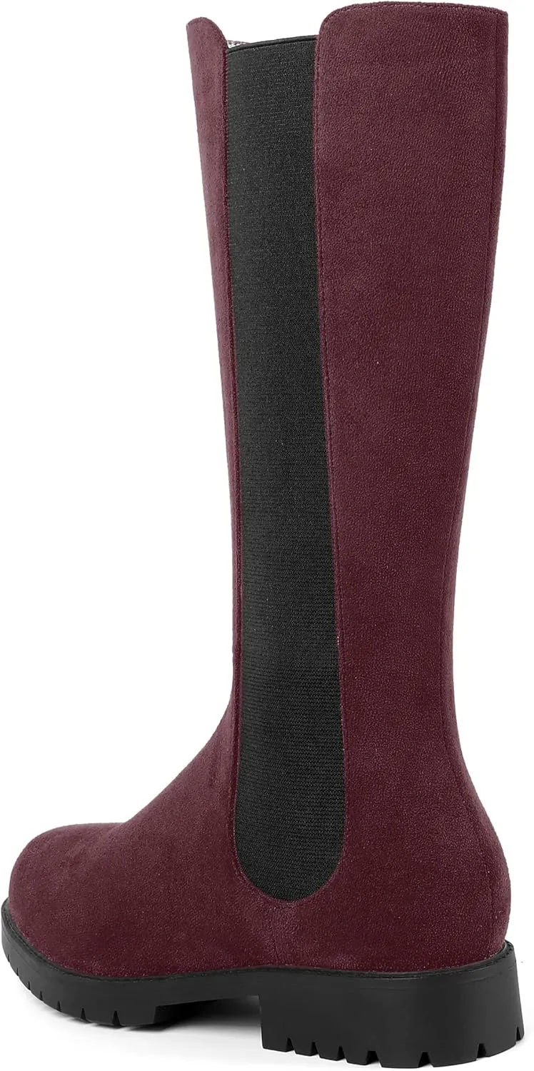 MOVINSTEPS Womens Suede Formal Work Zip Round Toe Solid Chunky Low Heel Knee High Boots 1 Inch