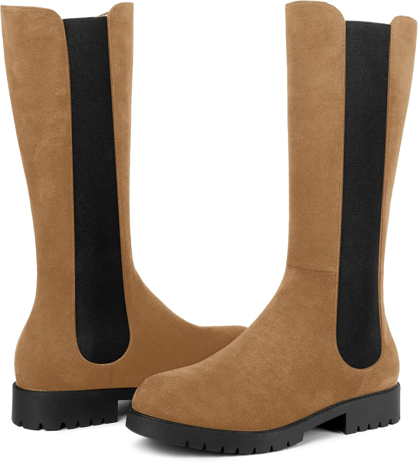 MOVINSTEPS Womens Suede Formal Work Zip Round Toe Solid Chunky Low Heel Knee High Boots 1 Inch
