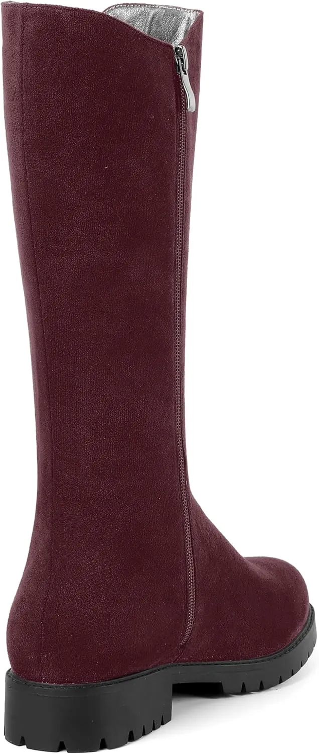 MOVINSTEPS Womens Suede Formal Work Zip Round Toe Solid Chunky Low Heel Knee High Boots 1 Inch