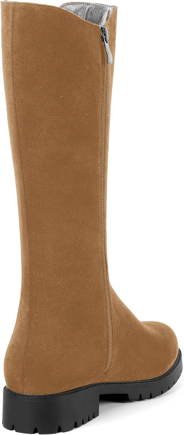MOVINSTEPS Womens Suede Formal Work Zip Round Toe Solid Chunky Low Heel Knee High Boots 1 Inch