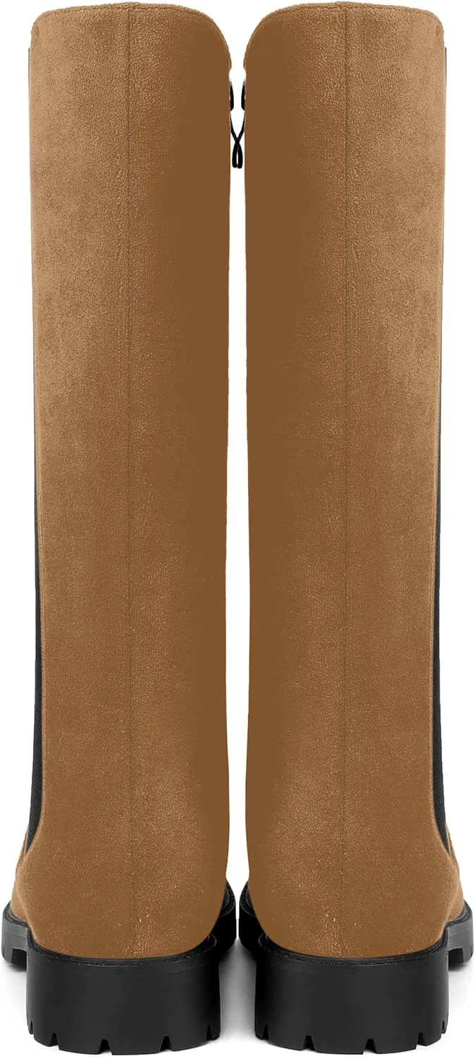 MOVINSTEPS Womens Suede Formal Work Zip Round Toe Solid Chunky Low Heel Knee High Boots 1 Inch