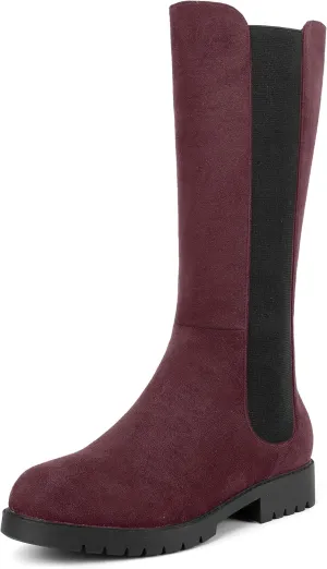 MOVINSTEPS Womens Suede Formal Work Zip Round Toe Solid Chunky Low Heel Knee High Boots 1 Inch
