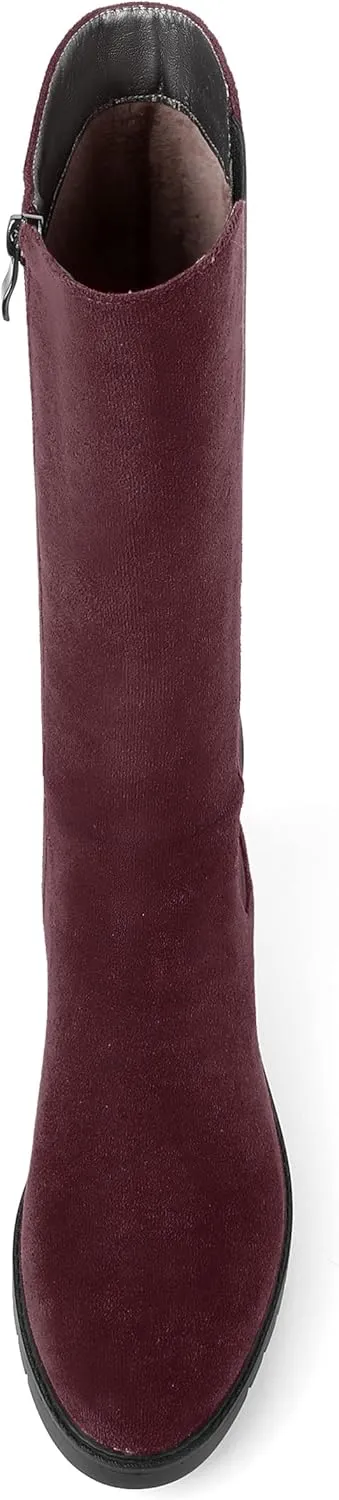 MOVINSTEPS Womens Suede Formal Work Zip Round Toe Solid Chunky Low Heel Knee High Boots 1 Inch