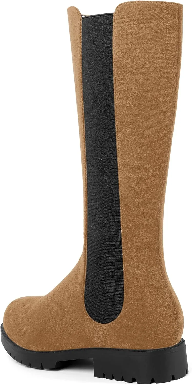 MOVINSTEPS Womens Suede Formal Work Zip Round Toe Solid Chunky Low Heel Knee High Boots 1 Inch