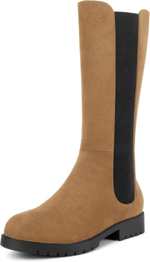 MOVINSTEPS Womens Suede Formal Work Zip Round Toe Solid Chunky Low Heel Knee High Boots 1 Inch