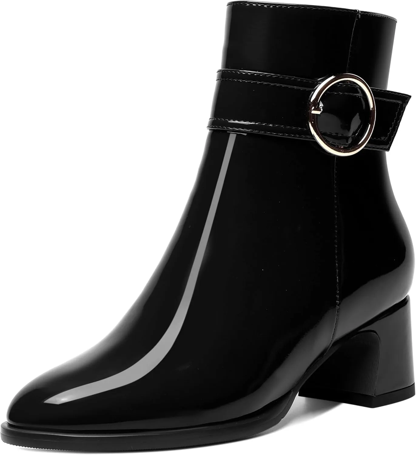 MOVINSTEPS Womens Zip Round Toe Cold Weather Patent Outdoor Ankle Strap Solid Chunky Low Heel Ankle High Boots 2 Inch