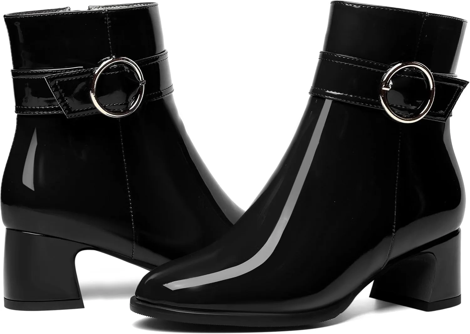 MOVINSTEPS Womens Zip Round Toe Cold Weather Patent Outdoor Ankle Strap Solid Chunky Low Heel Ankle High Boots 2 Inch