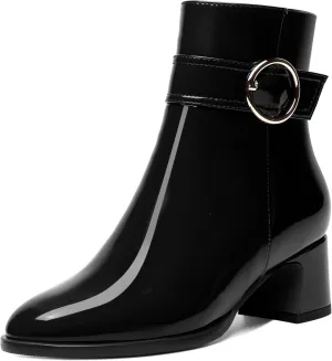 MOVINSTEPS Womens Zip Round Toe Cold Weather Patent Outdoor Ankle Strap Solid Chunky Low Heel Ankle High Boots 2 Inch
