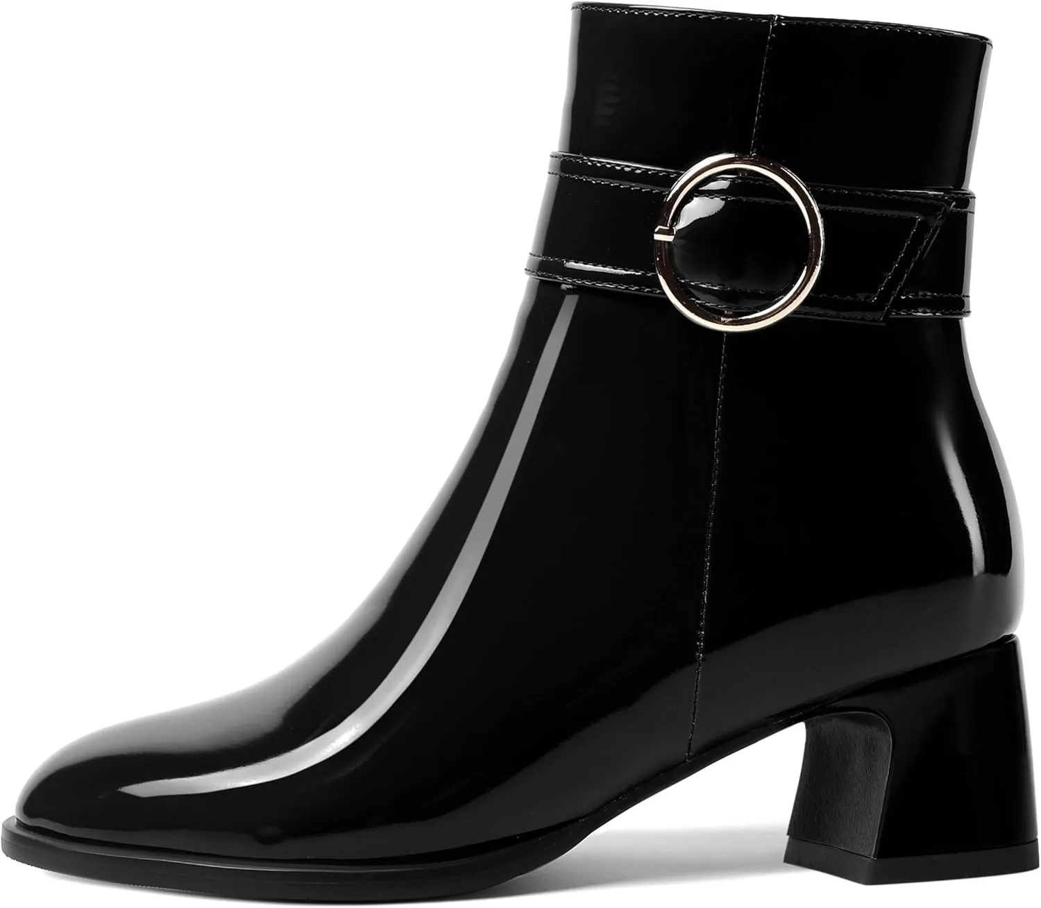 MOVINSTEPS Womens Zip Round Toe Cold Weather Patent Outdoor Ankle Strap Solid Chunky Low Heel Ankle High Boots 2 Inch
