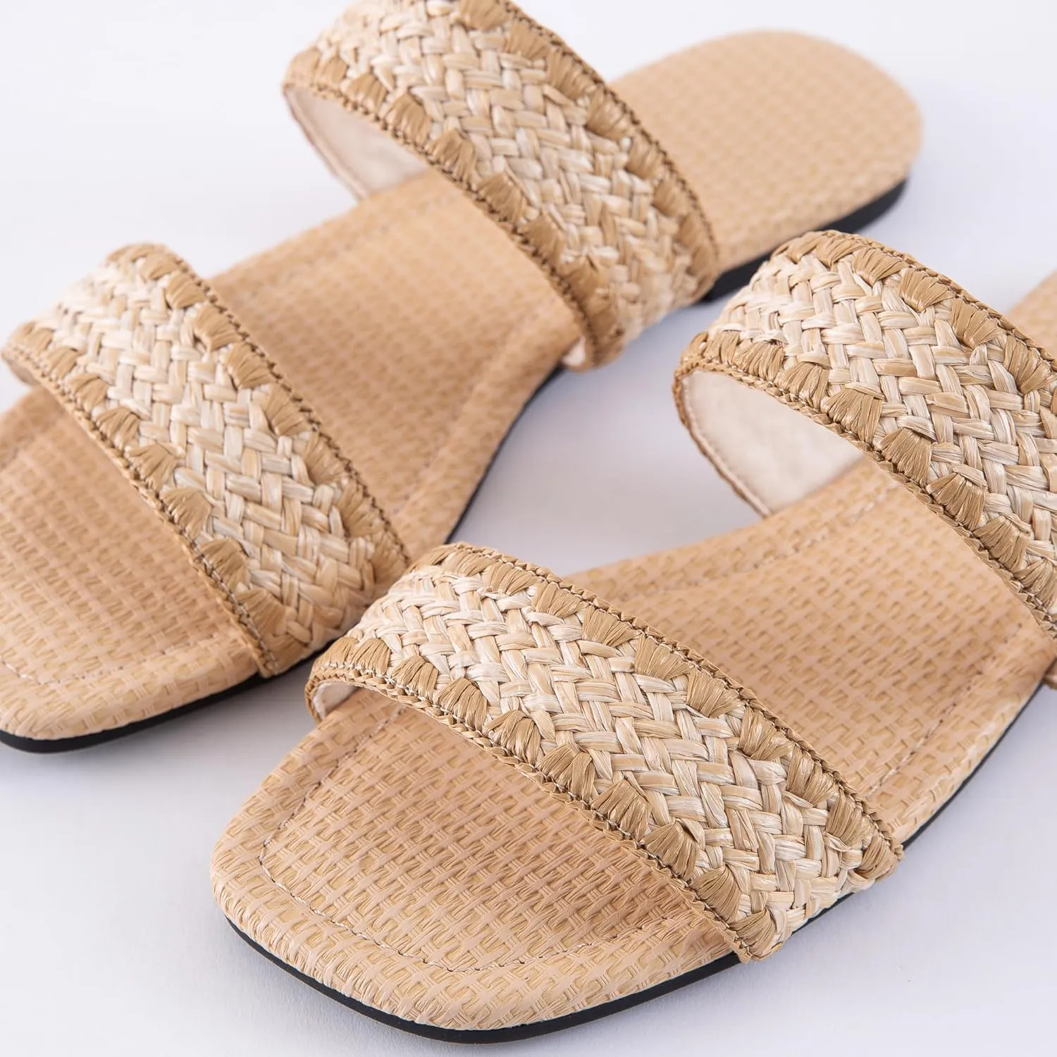 Mtzyoa Women's Sandals Casual Braided Dressy Summer Square Toe Quilted Flat Sandals
