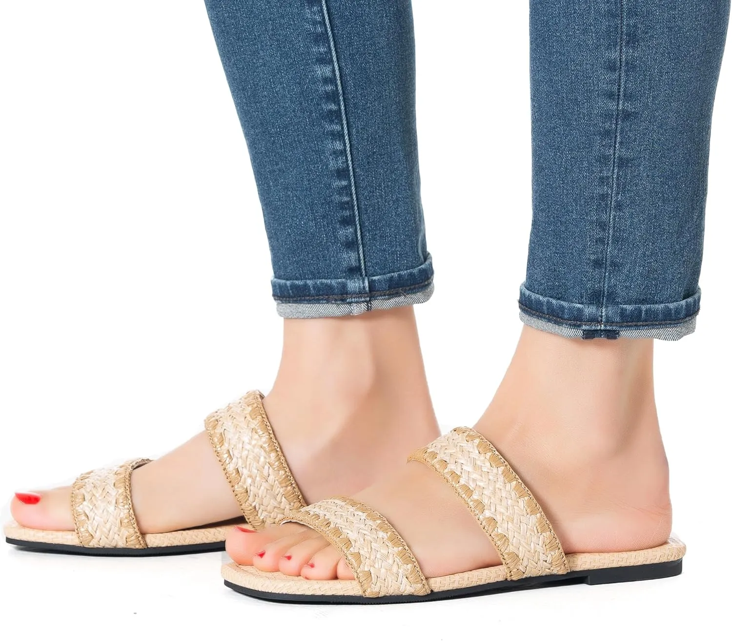 Mtzyoa Women's Sandals Casual Braided Dressy Summer Square Toe Quilted Flat Sandals