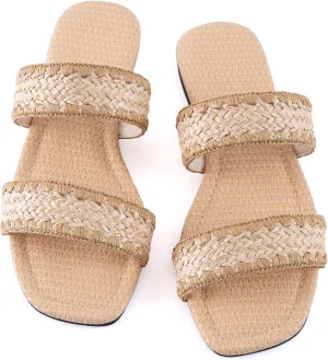 Mtzyoa Women's Sandals Casual Braided Dressy Summer Square Toe Quilted Flat Sandals