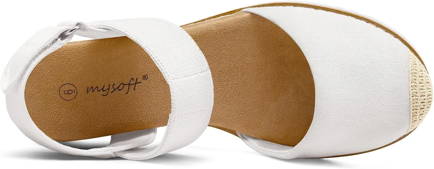 mysoft Women's Low Wedge Sandals Comfortable Closed Toe Espadrilles Slip on Elastic Ankle Strap Walking Sandals