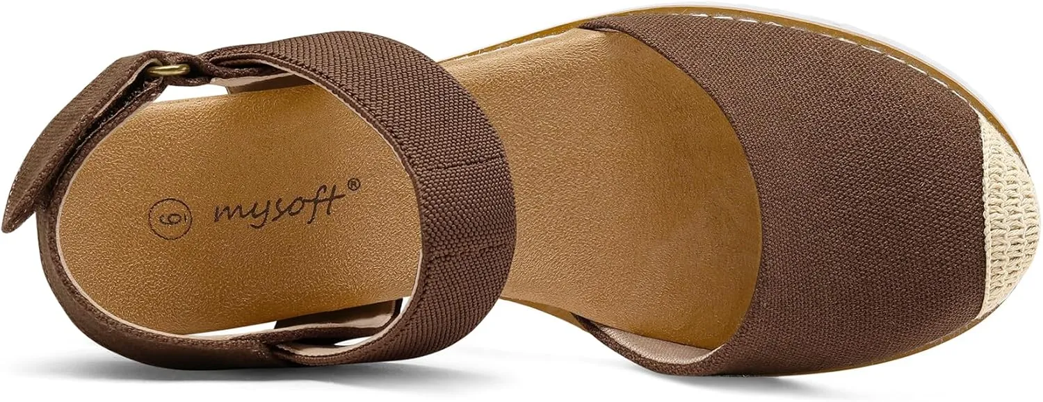 mysoft Women's Low Wedge Sandals Comfortable Closed Toe Espadrilles Slip on Elastic Ankle Strap Walking Sandals