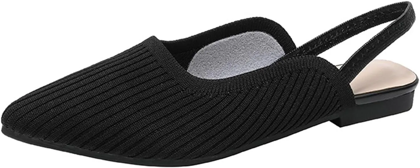 NELSBREXWomen'S Knit Closed Pointed Toe Flat Slip-On Mules Sandals Sexy Breathable Comfort Soft Sole Slingback Flat Shoes with Ankle Strap Casual Formal Work Dress Shoes