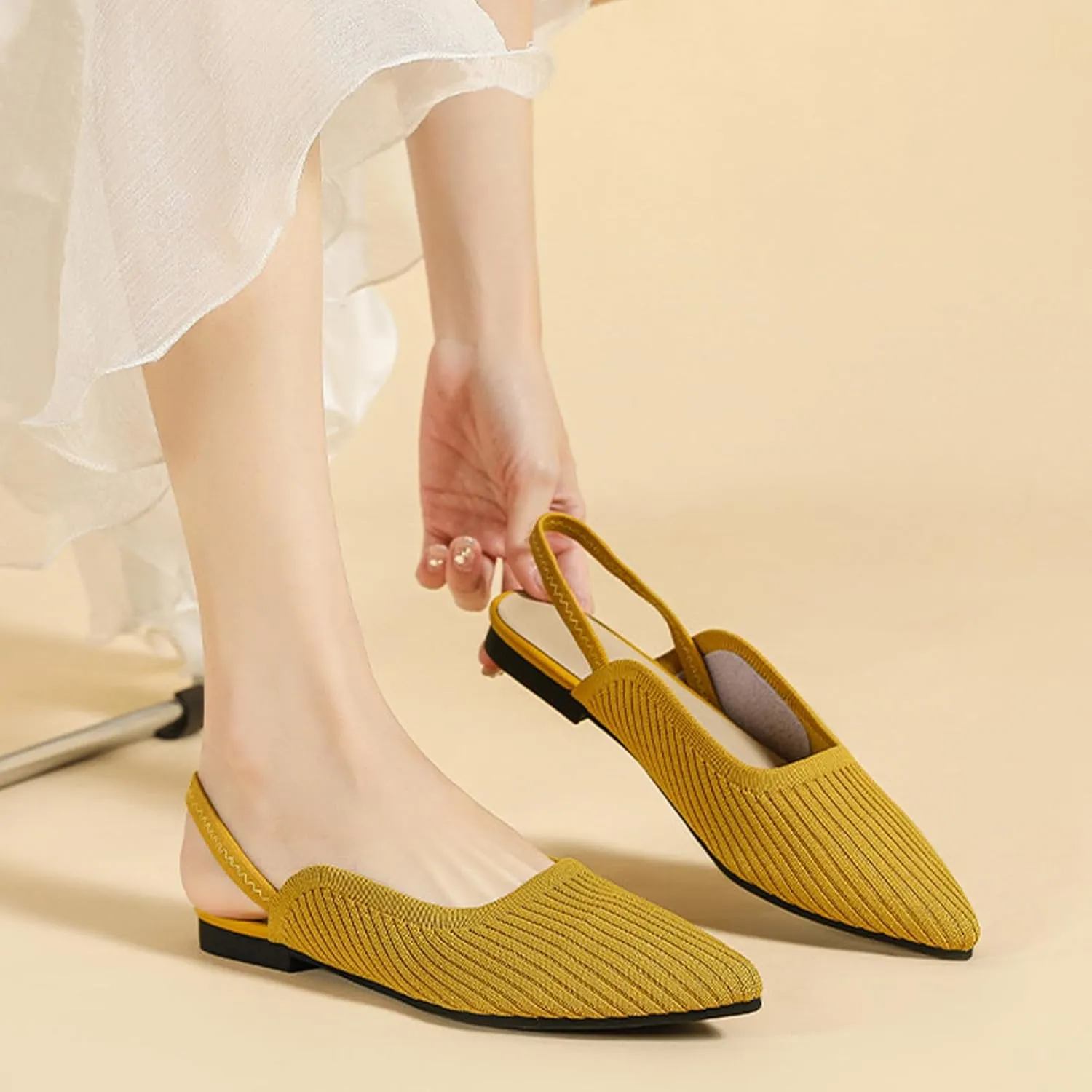 NELSBREXWomen'S Knit Closed Pointed Toe Flat Slip-On Mules Sandals Sexy Breathable Comfort Soft Sole Slingback Flat Shoes with Ankle Strap Casual Formal Work Dress Shoes