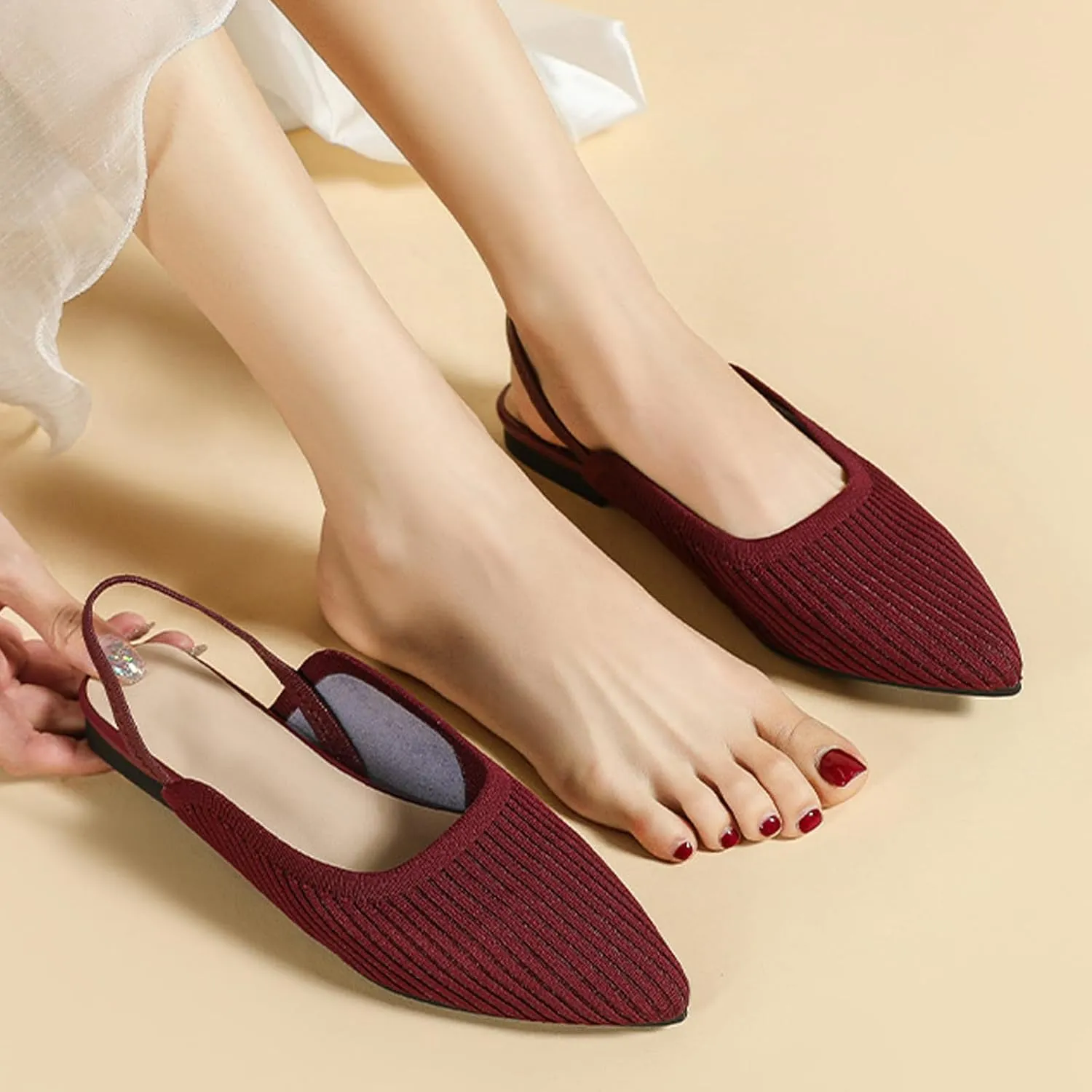 NELSBREXWomen'S Knit Closed Pointed Toe Flat Slip-On Mules Sandals Sexy Breathable Comfort Soft Sole Slingback Flat Shoes with Ankle Strap Casual Formal Work Dress Shoes