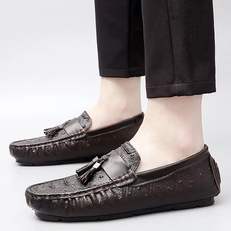 New Men's Loafers Shoes Round Toe Crocodile Print with Tassel Driving Loafers Flat Heel Lightweight Comfortable Fashion Wedding Slip On