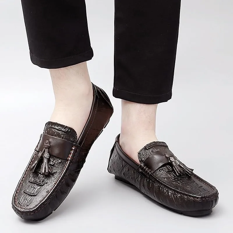 New Men's Loafers Shoes Round Toe Crocodile Print with Tassel Driving Loafers Flat Heel Lightweight Comfortable Fashion Wedding Slip On