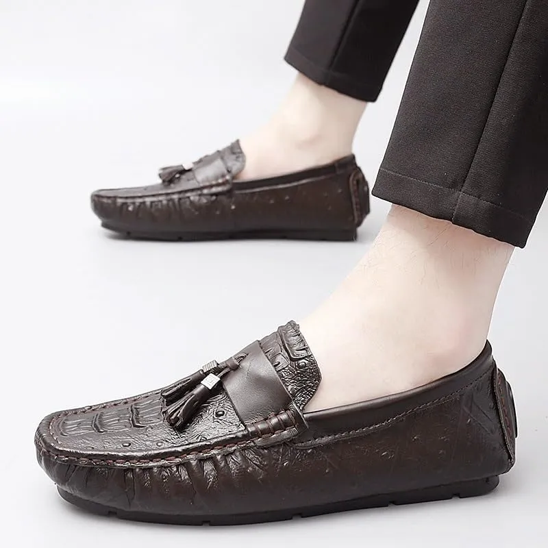 New Men's Loafers Shoes Round Toe Crocodile Print with Tassel Driving Loafers Flat Heel Lightweight Comfortable Fashion Wedding Slip On