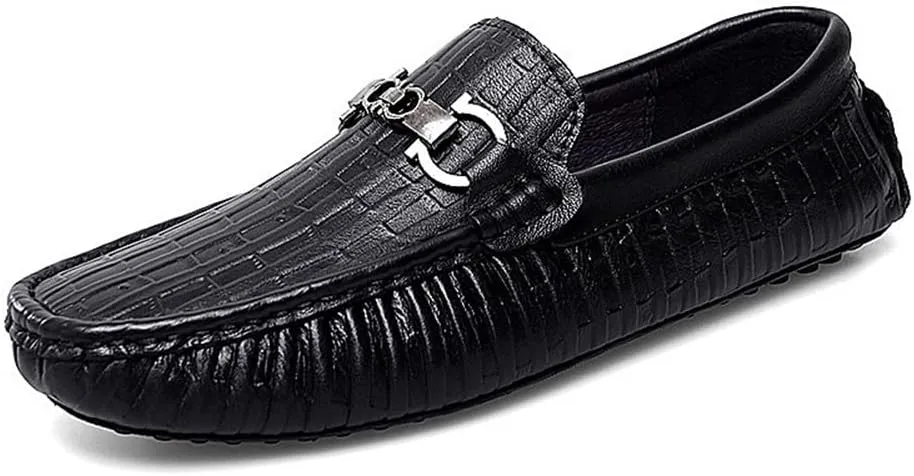 New Men's Loafers Shoes Round Toe Faux Crocodile Print Leather Flat Heel Comfortable Anti-Slip Prom Slip-on