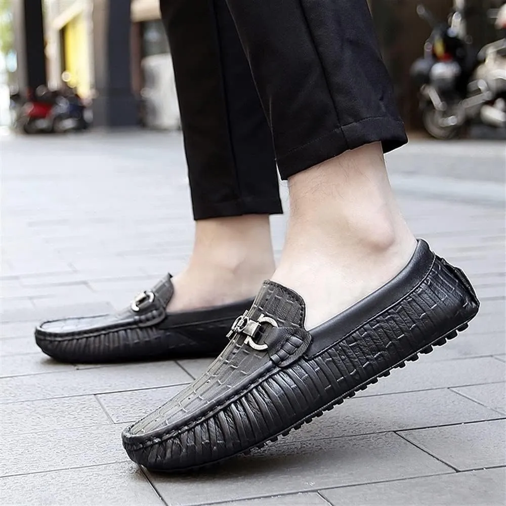 New Men's Loafers Shoes Round Toe Faux Crocodile Print Leather Flat Heel Comfortable Anti-Slip Prom Slip-on