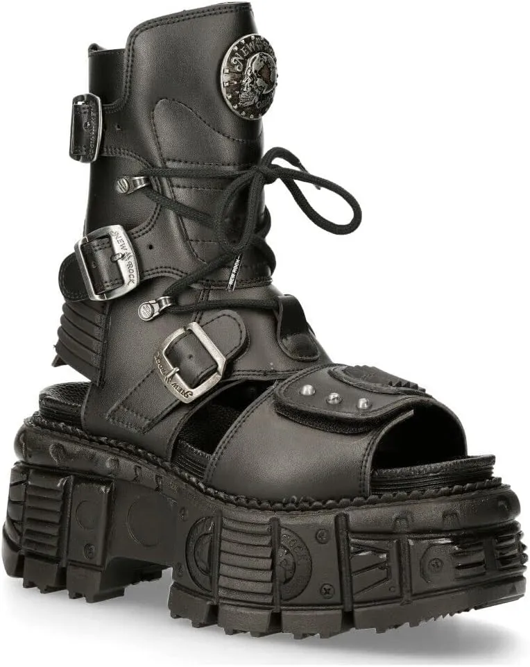 New Rock Ankle Boots BIOS107-V1 TANK Black VEGAN Leather Men's Gladiator Goth Punk Platform Sandal