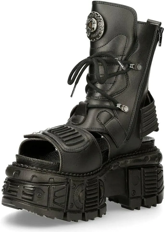 New Rock Ankle Boots BIOS107-V1 TANK Black VEGAN Leather Men's Gladiator Goth Punk Platform Sandal