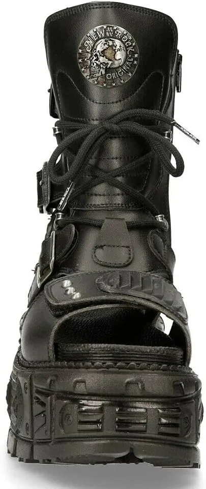 New Rock Ankle Boots BIOS107-V1 TANK Black VEGAN Leather Men's Gladiator Goth Punk Platform Sandal