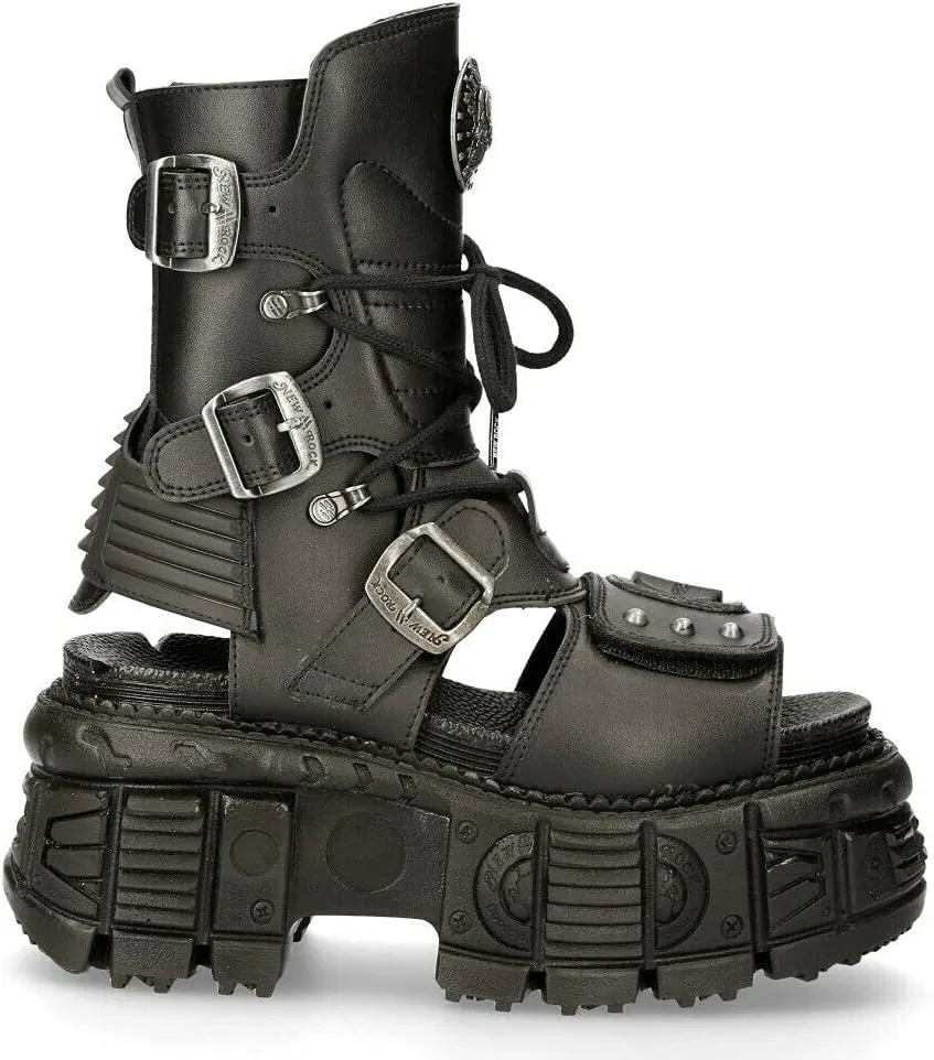 New Rock Ankle Boots BIOS107-V1 TANK Black VEGAN Leather Men's Gladiator Goth Punk Platform Sandal