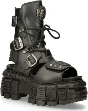 New Rock Ankle Boots BIOS107-V1 TANK Black VEGAN Leather Men's Gladiator Goth Punk Platform Sandal