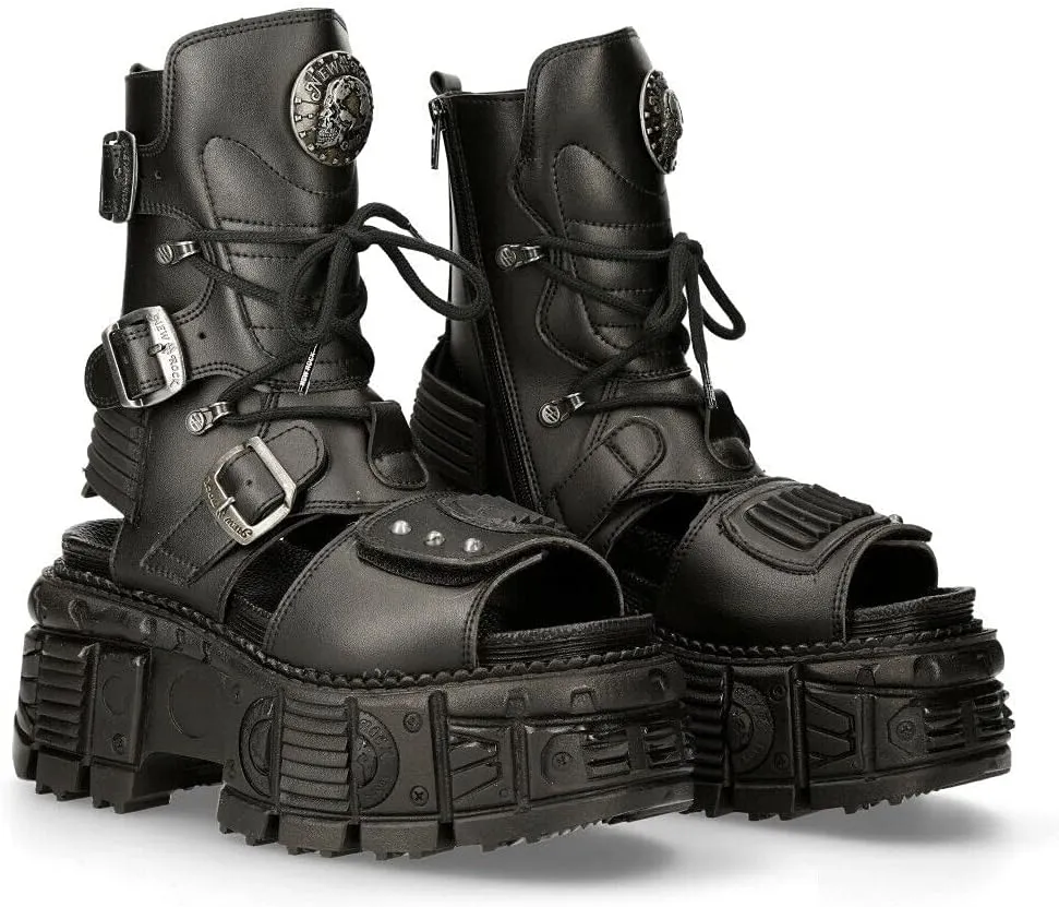 New Rock Ankle Boots BIOS107-V1 TANK Black VEGAN Leather Men's Gladiator Goth Punk Platform Sandal