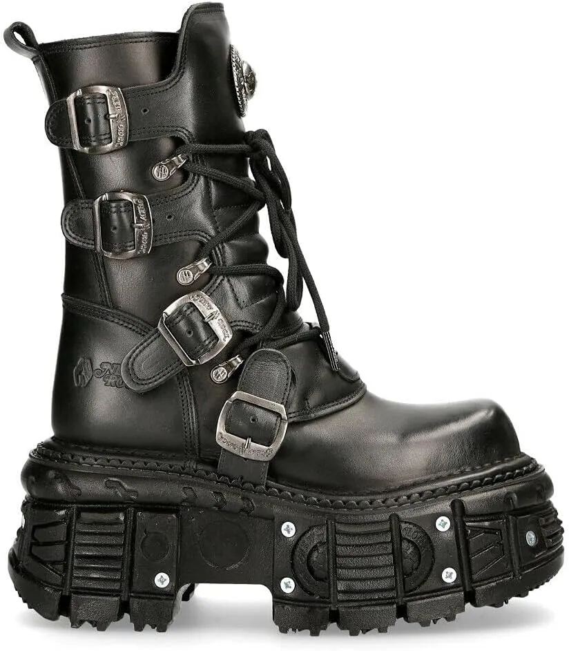 New Rock Boots TANK373-S1 Black Leather Men's Combat Platform Biker Goth Metal Shoes