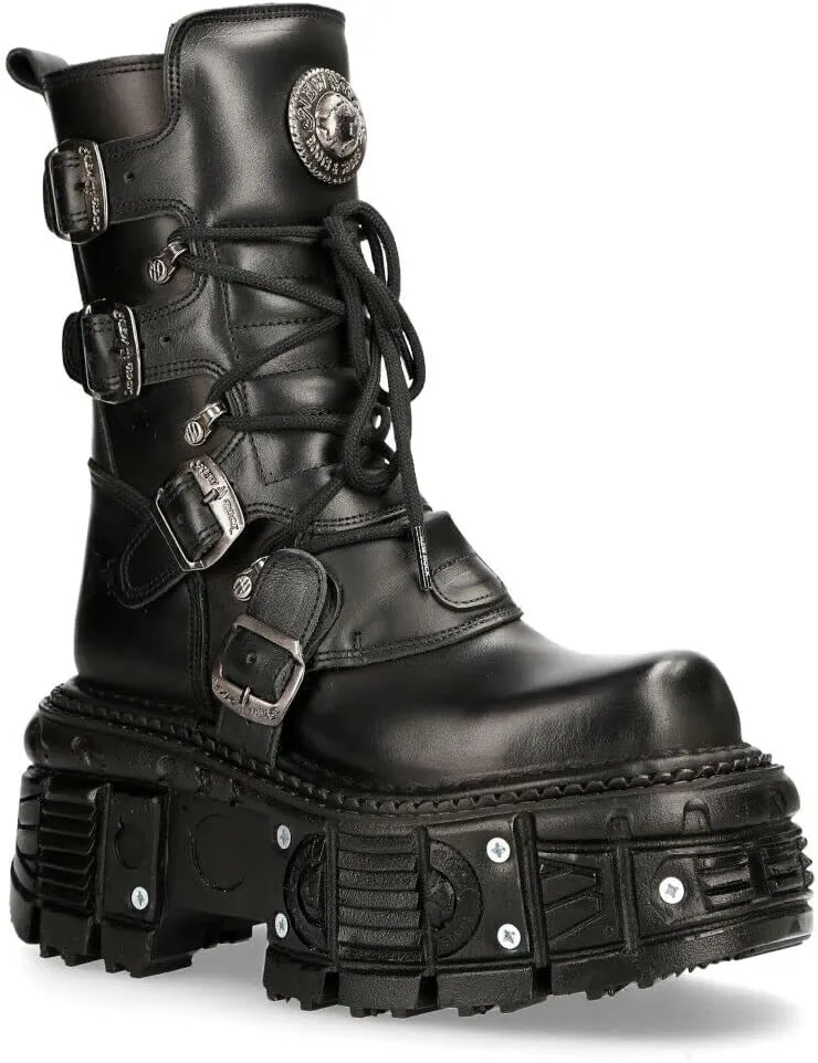 New Rock Boots TANK373-S1 Black Leather Men's Combat Platform Biker Goth Metal Shoes