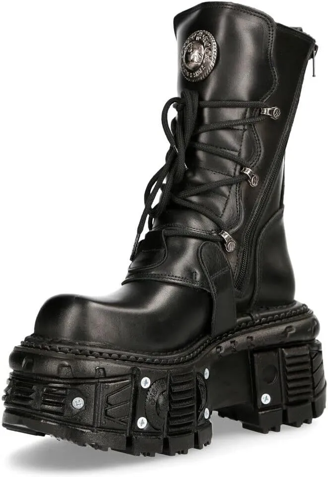 New Rock Boots TANK373-S1 Black Leather Men's Combat Platform Biker Goth Metal Shoes