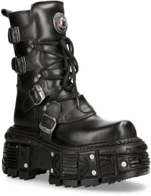 New Rock Boots TANK373-S1 Black Leather Men's Combat Platform Biker Goth Metal Shoes