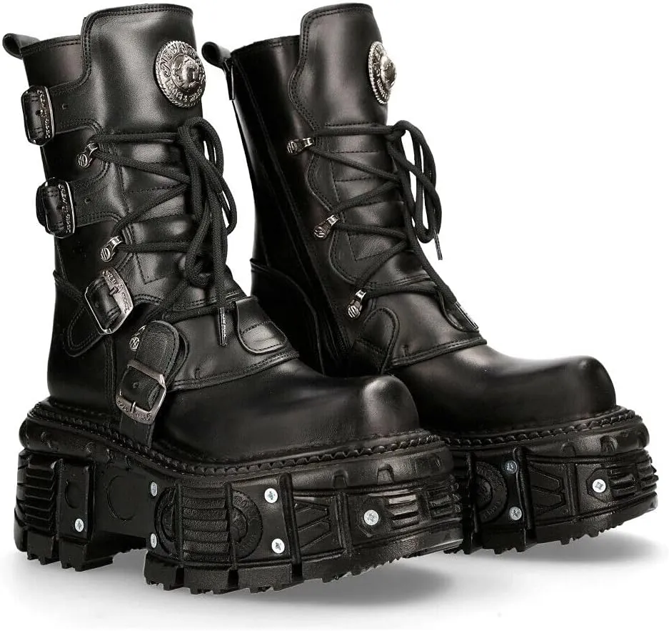 New Rock Boots TANK373-S1 Black Leather Men's Combat Platform Biker Goth Metal Shoes