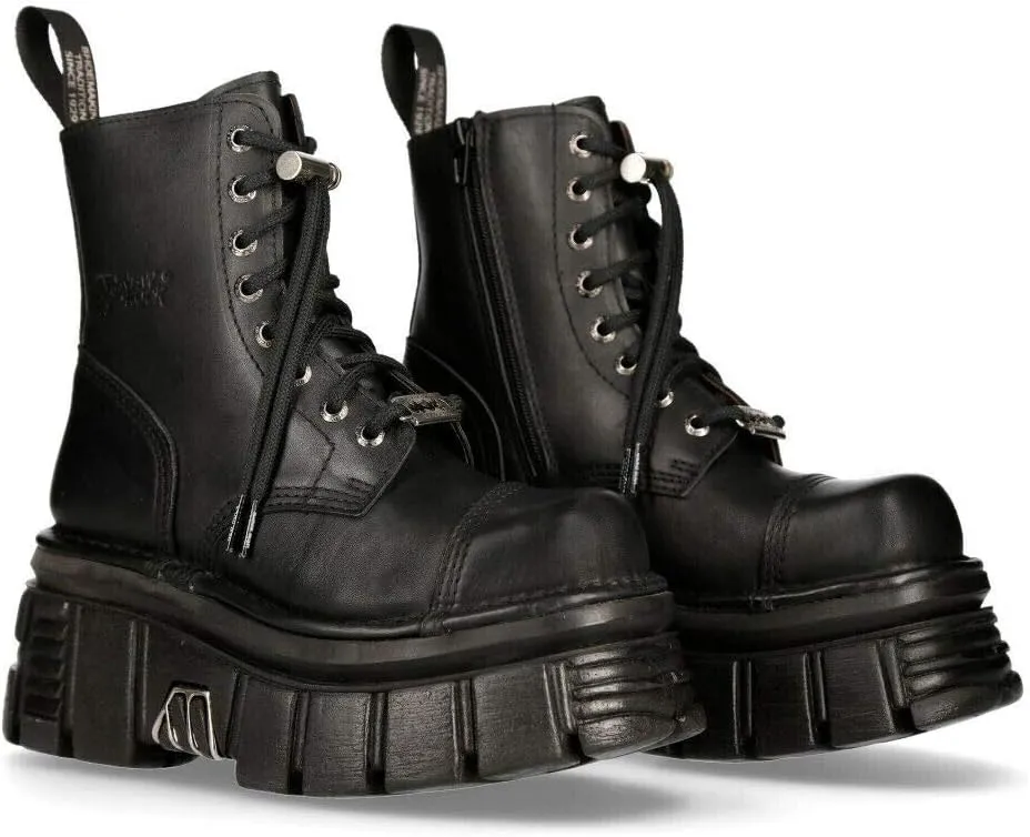 New Rock M-NEWMILI083-S21 Men's Metallic Combat Boots Black Leather Military Biker Goth Punk Shoes
