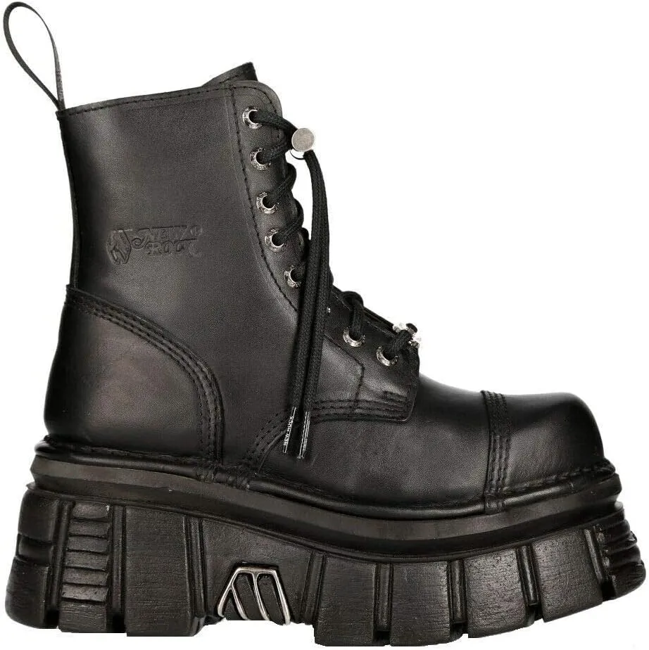 New Rock M-NEWMILI083-S21 Men's Metallic Combat Boots Black Leather Military Biker Goth Punk Shoes