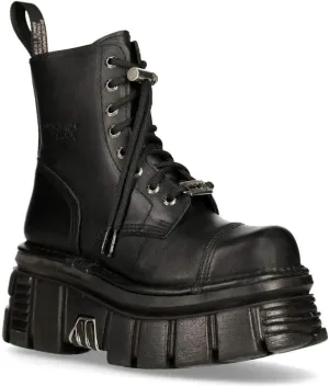 New Rock M-NEWMILI083-S21 Men's Metallic Combat Boots Black Leather Military Biker Goth Punk Shoes