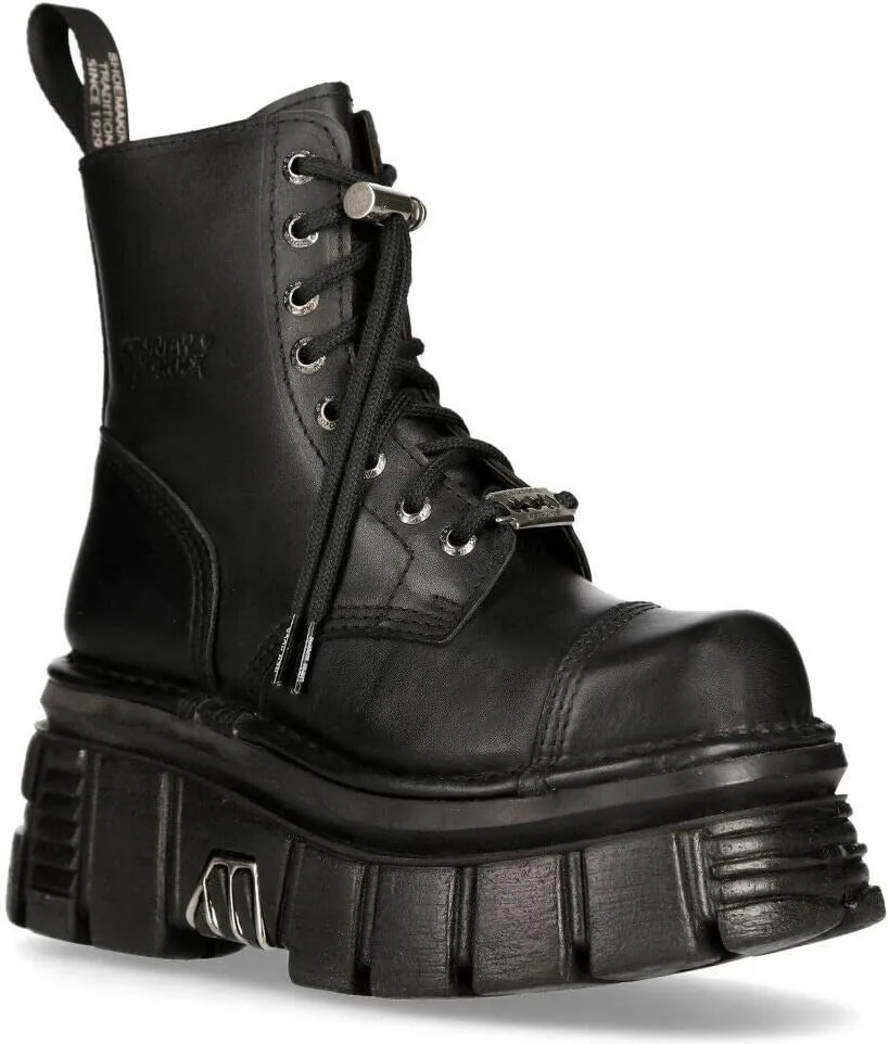 New Rock M-NEWMILI083-S21 Men's Metallic Combat Boots Black Leather Military Biker Goth Punk Shoes