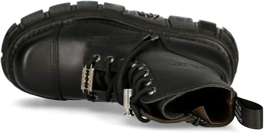 New Rock M-NEWMILI083-S21 Men's Metallic Combat Boots Black Leather Military Biker Goth Punk Shoes
