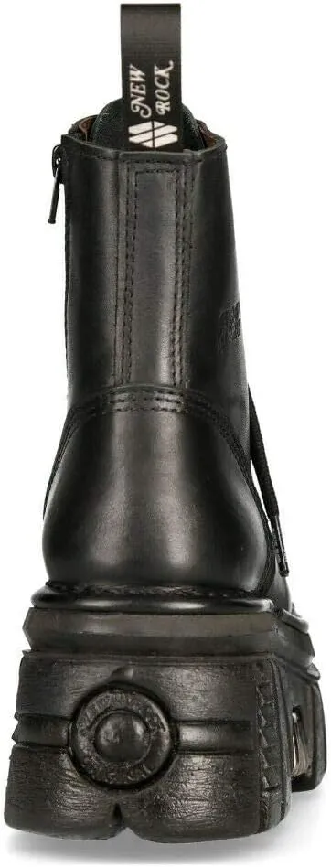 New Rock M-NEWMILI083-S21 Men's Metallic Combat Boots Black Leather Military Biker Goth Punk Shoes