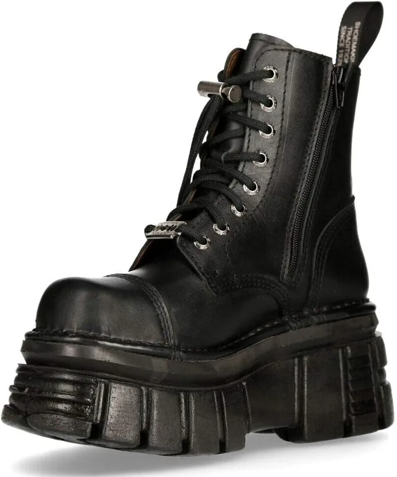 New Rock M-NEWMILI083-S21 Men's Metallic Combat Boots Black Leather Military Biker Goth Punk Shoes