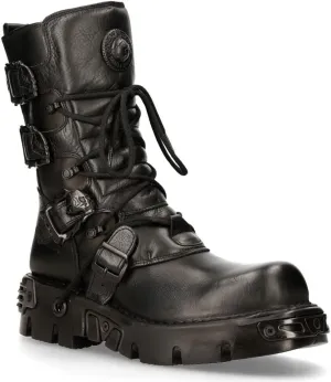 New Rock Men's Metallic 391 Black Reactor Skull Devil Goth Punk Leather Calf Boots