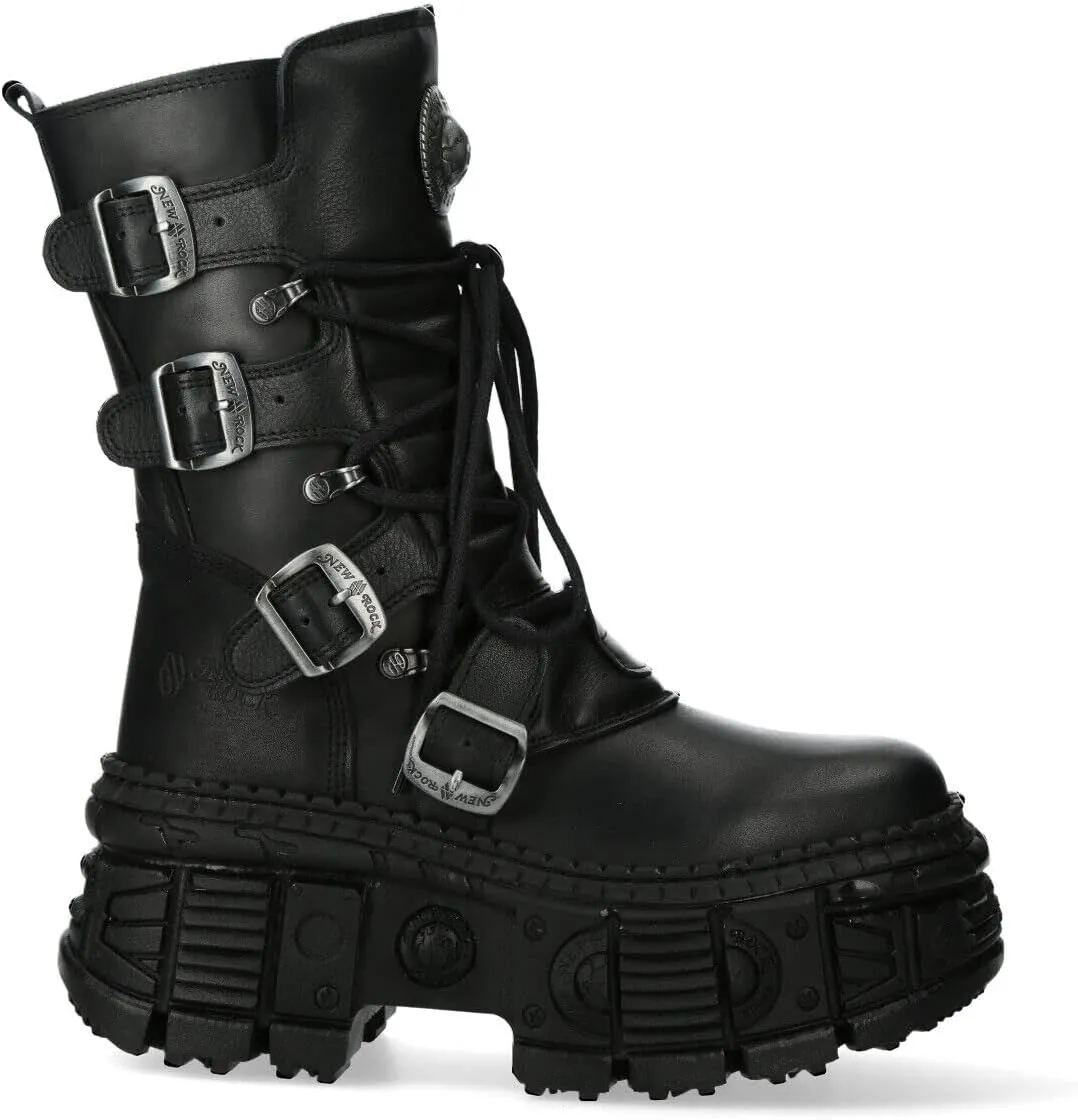 New Rock WALL373-S5 Mens Black Leather Platform Goth Boots