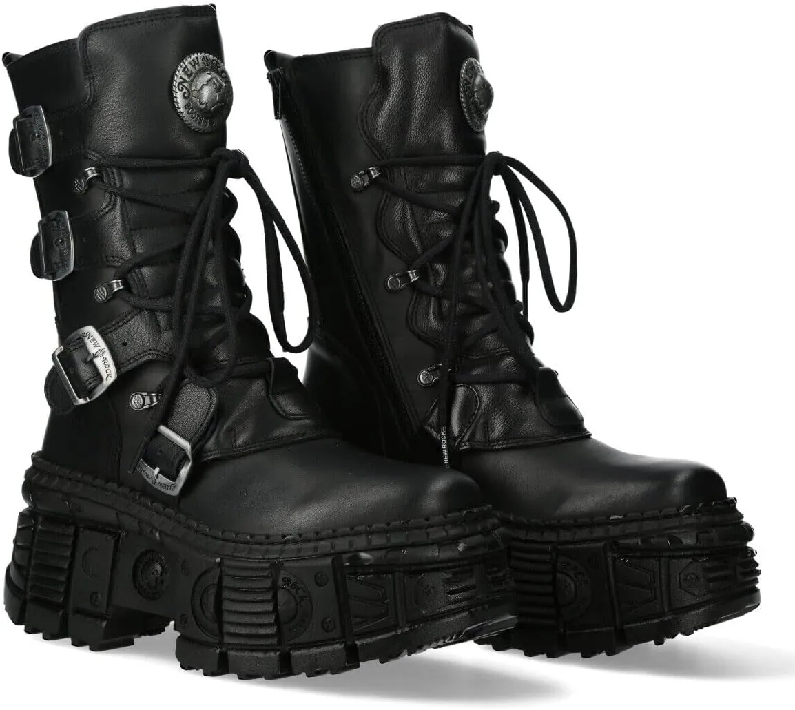 New Rock WALL373-S5 Mens Black Leather Platform Goth Boots