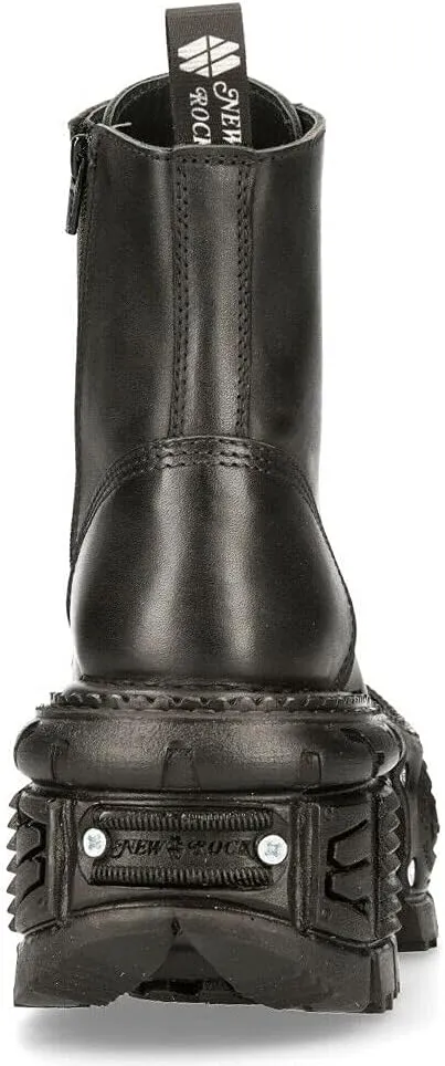 New Rock Women's TANK083-C1 Real Leather Combat Black Platform Biker Military Shoe Boots